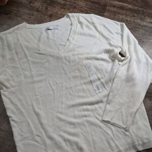 CROFT & BARROW Light Cream V-Neck Knit Sweater New Sz L